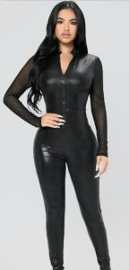 Adult Female Costumes to Hire - Zip Up Mesh Panel Unitard Jumpsuit - Large